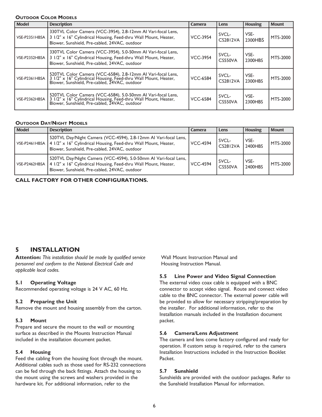 Sanyo Camera Lens instruction manual Installation, Call Factory for Other Configurations 