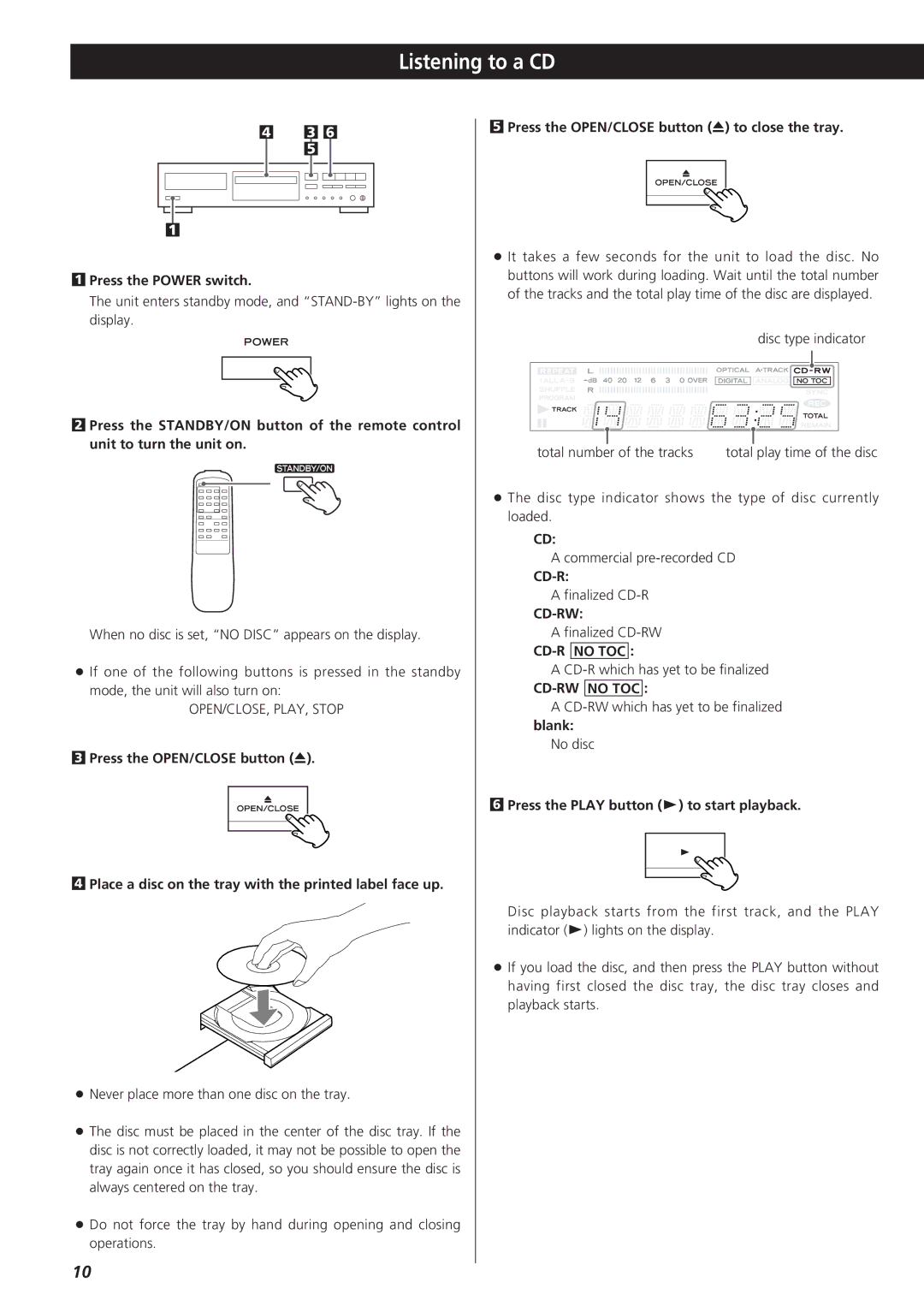 Sanyo CD-RW880 owner manual Listening to a CD, Cd-Rw, CD-R no TOC, CD-RW no TOC 