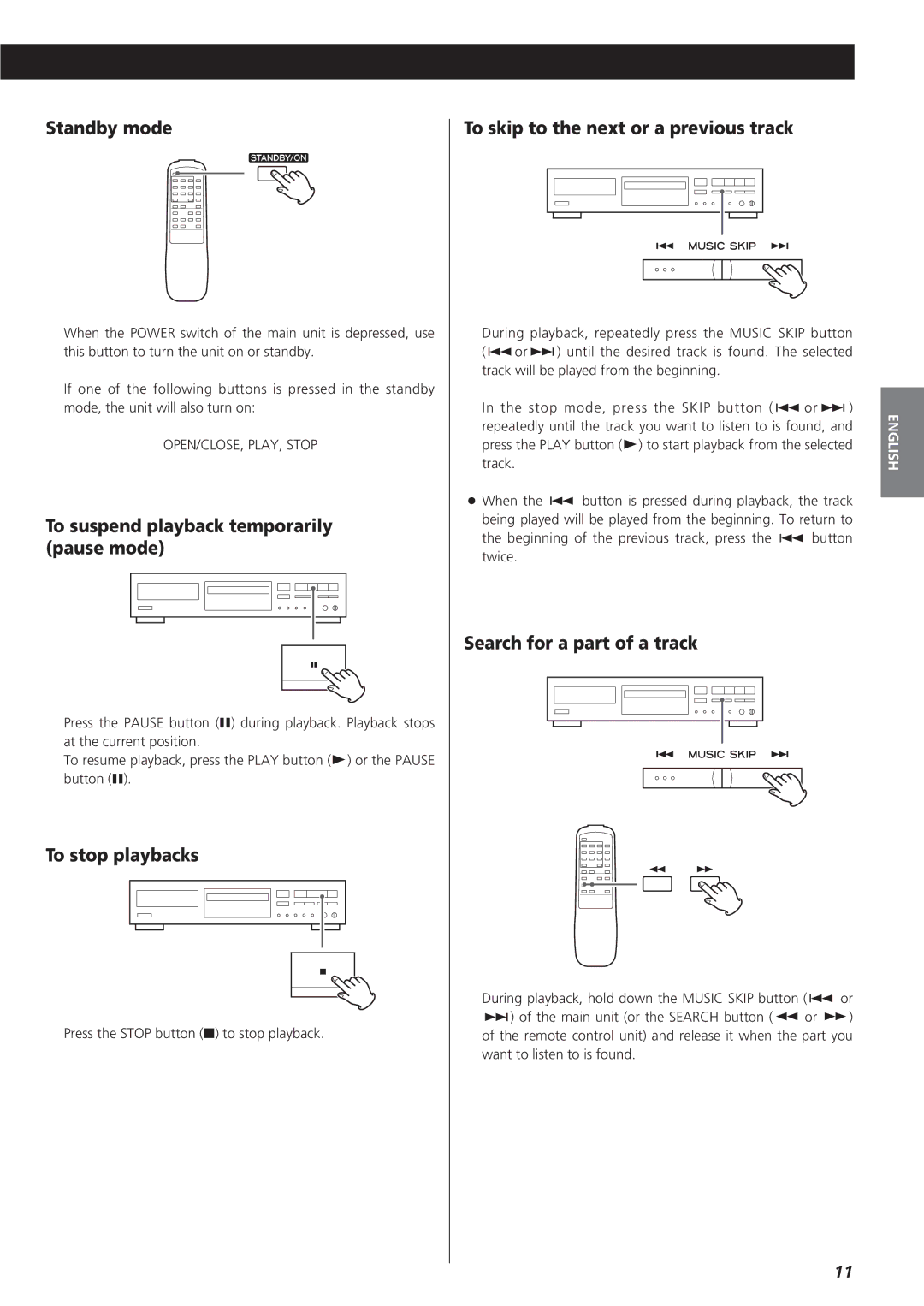 Sanyo CD-RW880 Standby mode, To suspend playback temporarily pause mode, To stop playbacks, Search for a part of a track 