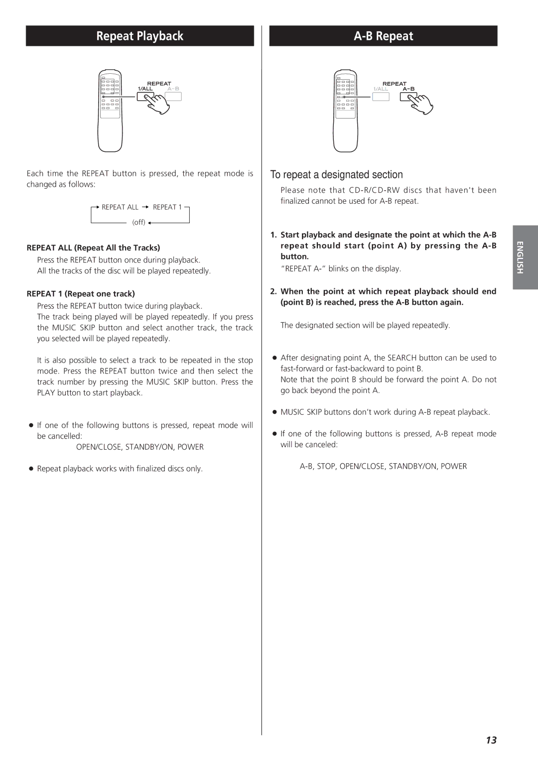 Sanyo CD-RW880 owner manual Repeat Playback, To repeat a designated section, Repeat ALL Repeat All the Tracks 