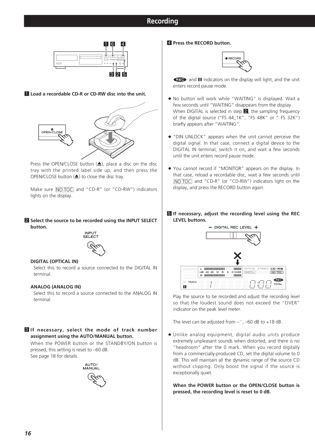 Sanyo CD-RW880 owner manual Recording, Load a recordable CD-R or CD-RW disc into the unit, Digital Optical, Analog Analog 