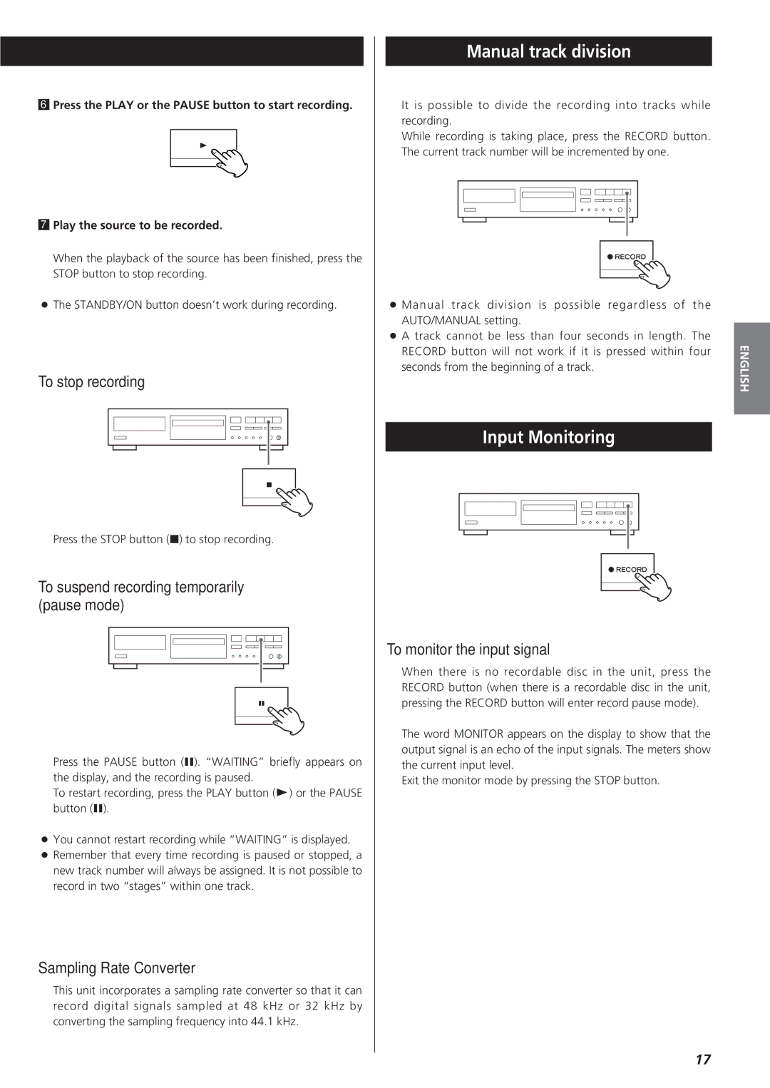 Sanyo CD-RW880 owner manual Manual track division, Input Monitoring 