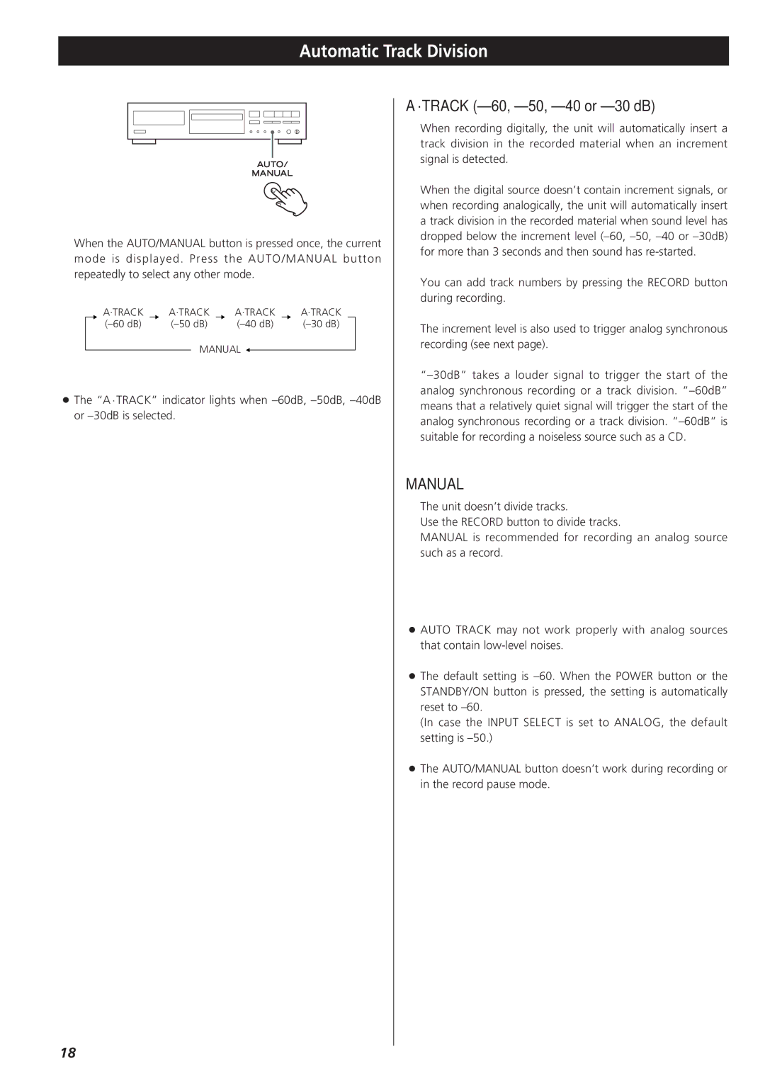 Sanyo CD-RW880 owner manual Automatic Track Division, Track -60, -50, -40 or -30 dB 