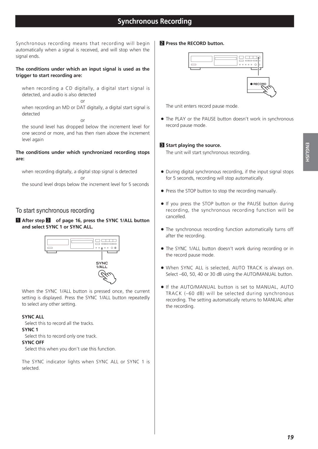 Sanyo CD-RW880 owner manual Synchronous Recording, To start synchronous recording, Sync ALL, Sync OFF 