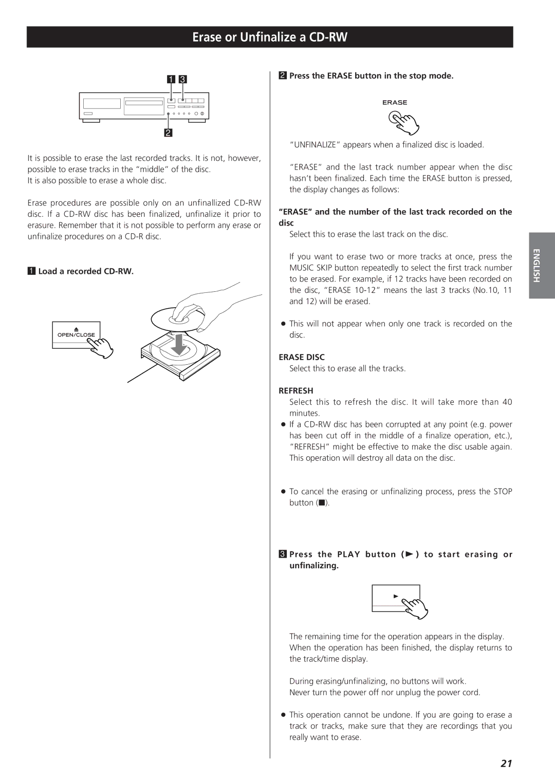 Sanyo CD-RW880 Erase or Unfinalize a CD-RW, Erase and the number of the last track recorded on the disc, Erase Disc 