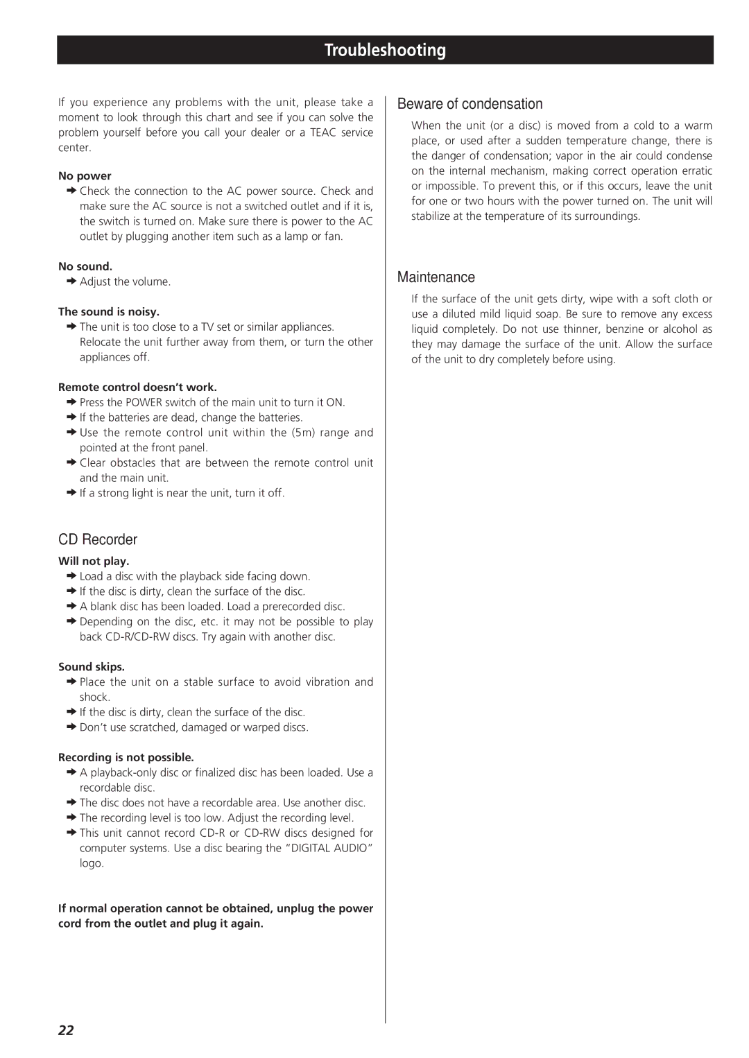 Sanyo CD-RW880 owner manual Troubleshooting, CD Recorder, Beware of condensation, Maintenance 