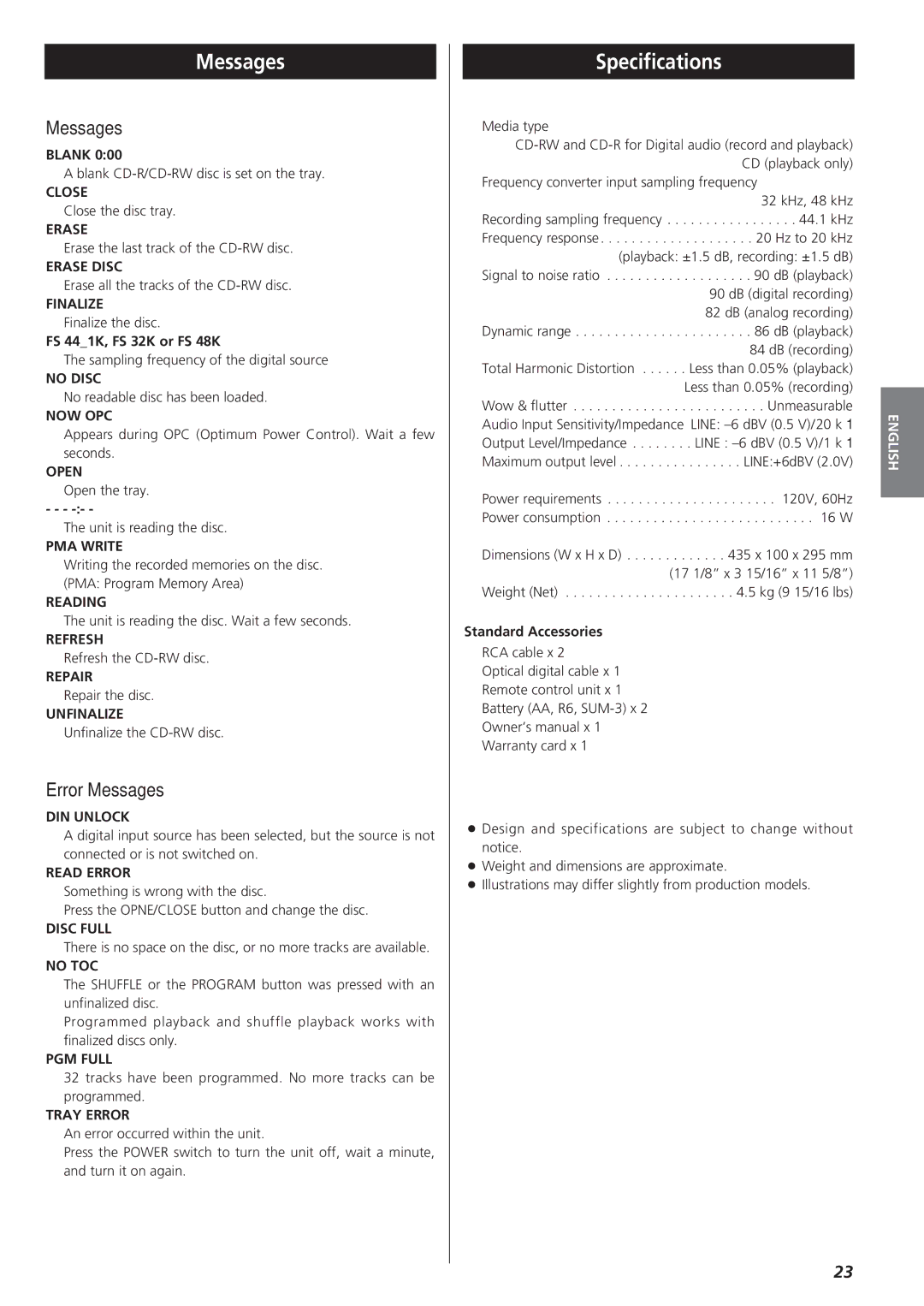 Sanyo CD-RW880 owner manual Specifications, Error Messages 