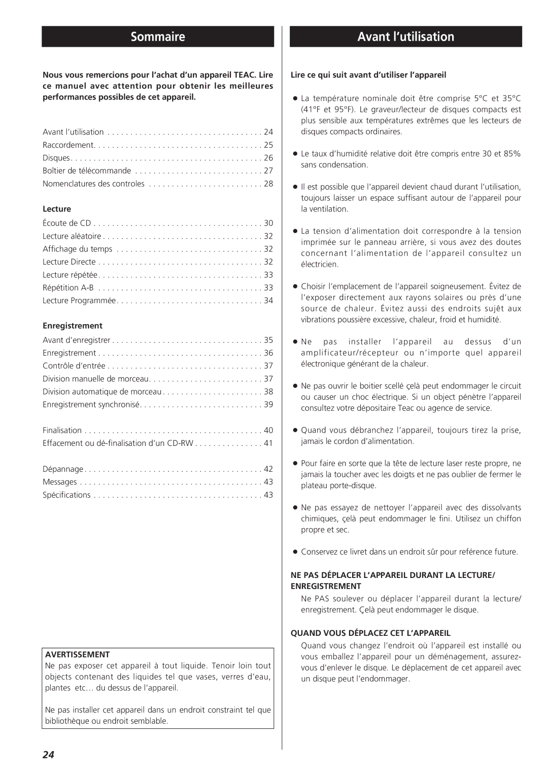 Sanyo CD-RW880 owner manual Sommaire, Avant l’utilisation, Avertissement, Quand Vous Déplacez CET L’APPAREIL 