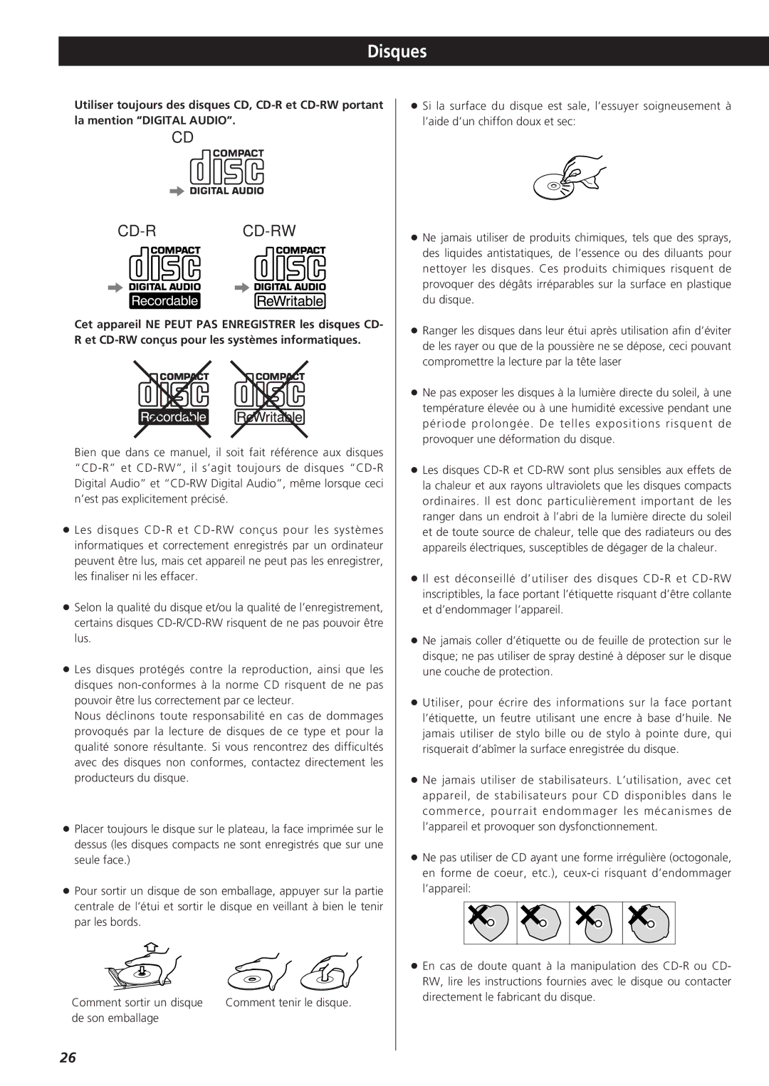 Sanyo CD-RW880 owner manual Disques 