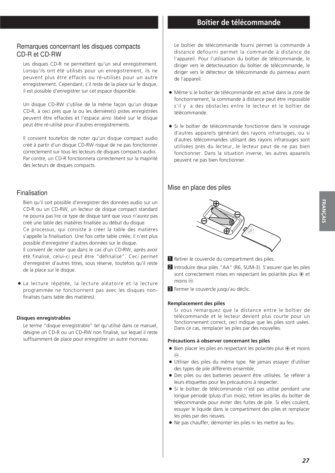 Sanyo CD-RW880 owner manual Boîtier de télécommande, Remarques concernant les disques compacts CD-R et CD-RW, Finalisation 