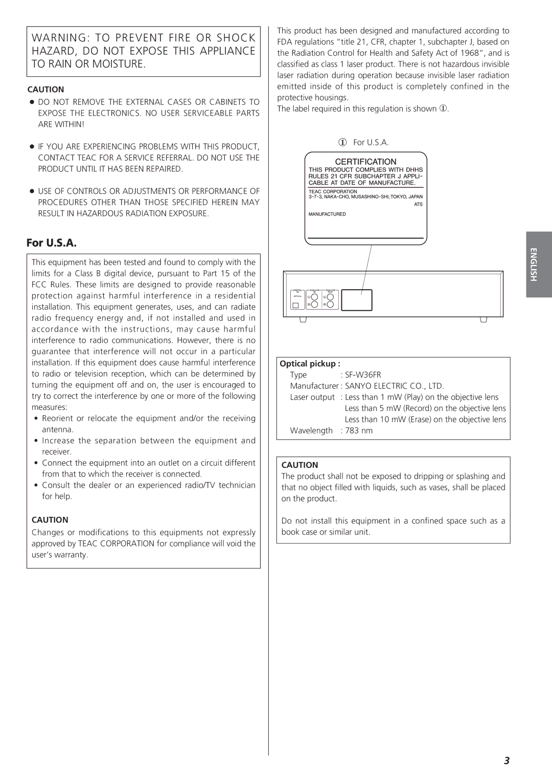 Sanyo CD-RW880 owner manual For U.S.A, Type SF-W36FR Manufacturer Laser output 