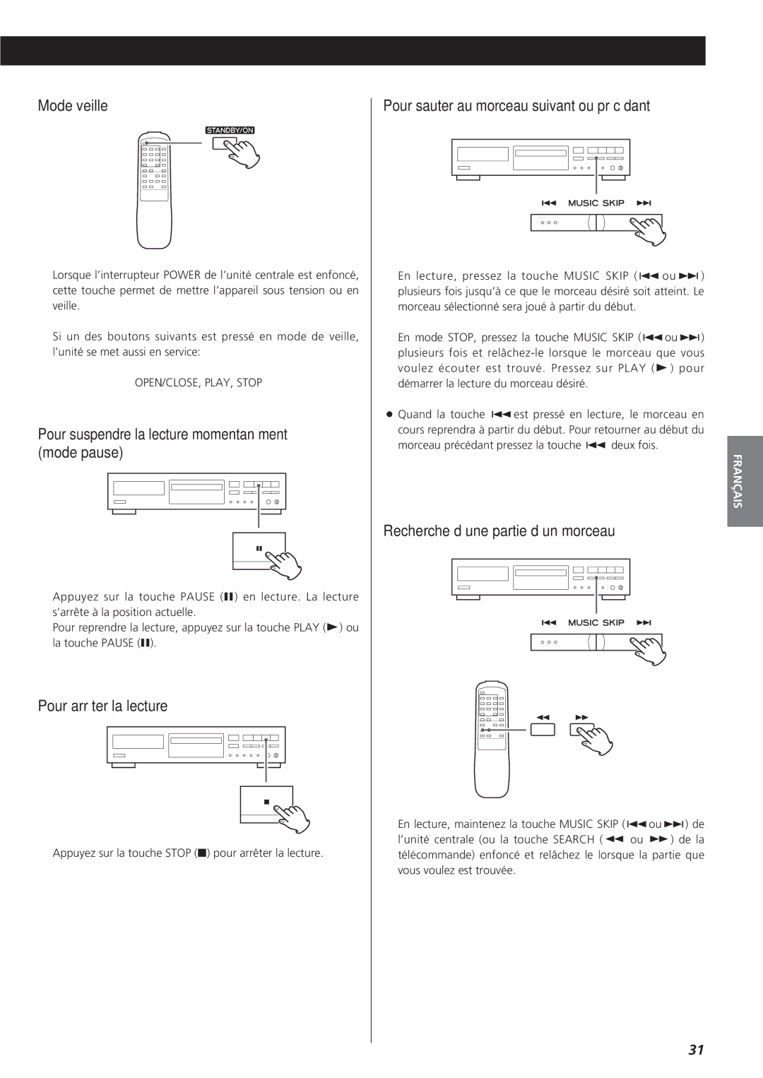 Sanyo CD-RW880 owner manual Mode veille, Pour suspendre la lecture momentanément mode pause, Pour arrêter la lecture 