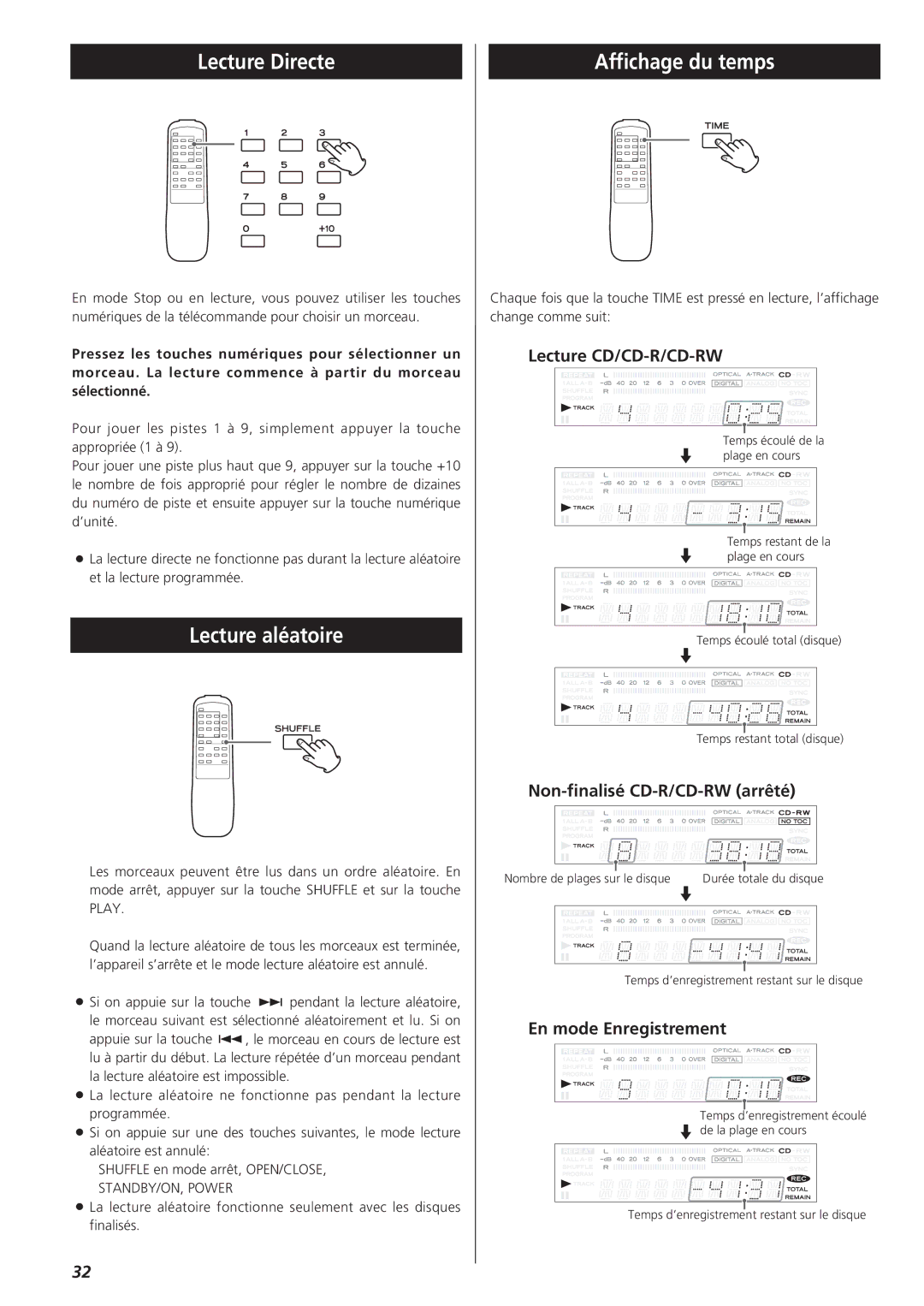 Sanyo CD-RW880 owner manual Lecture Directe, Lecture aléatoire, Affichage du temps 