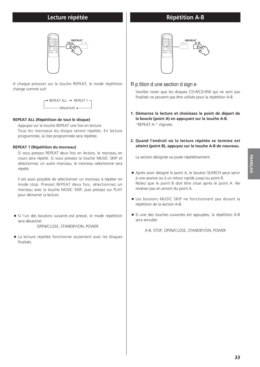 Sanyo CD-RW880 Lecture répétée, Répétition A-B, Répétition d’une section désignée, Repeat ALL Répétition de tout le disque 