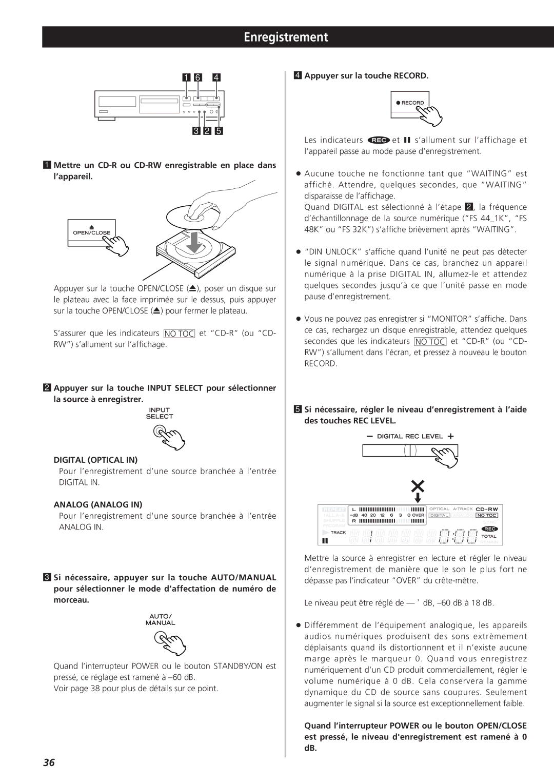 Sanyo CD-RW880 owner manual Enregistrement, Appuyer sur la touche Record 