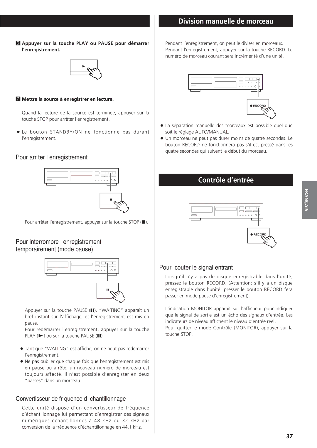 Sanyo CD-RW880 owner manual Division manuelle de morceau, Contrôle d’entrée 