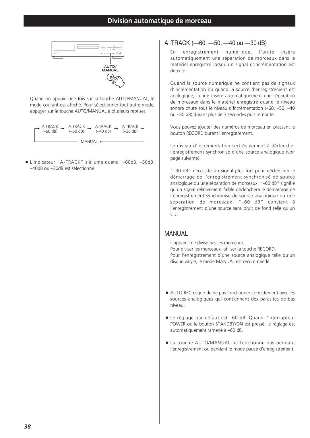 Sanyo CD-RW880 owner manual Division automatique de morceau, Track -60, -50, -40 ou -30 dB 