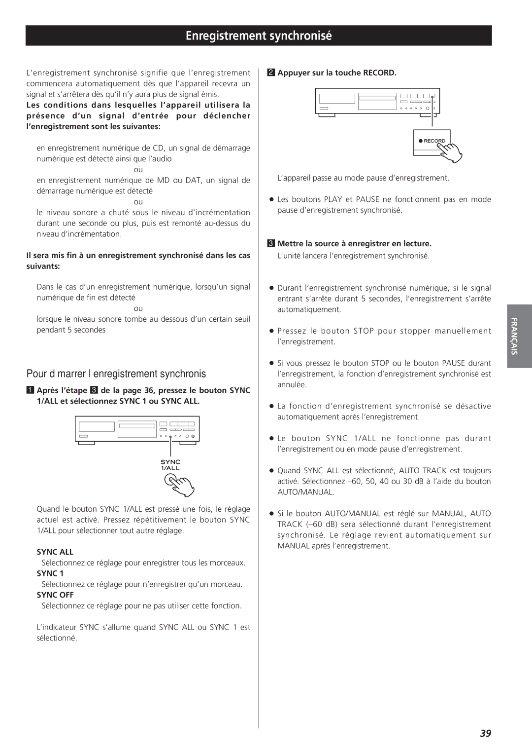 Sanyo CD-RW880 owner manual Enregistrement synchronisé, Pour démarrer l’enregistrement synchronisé 