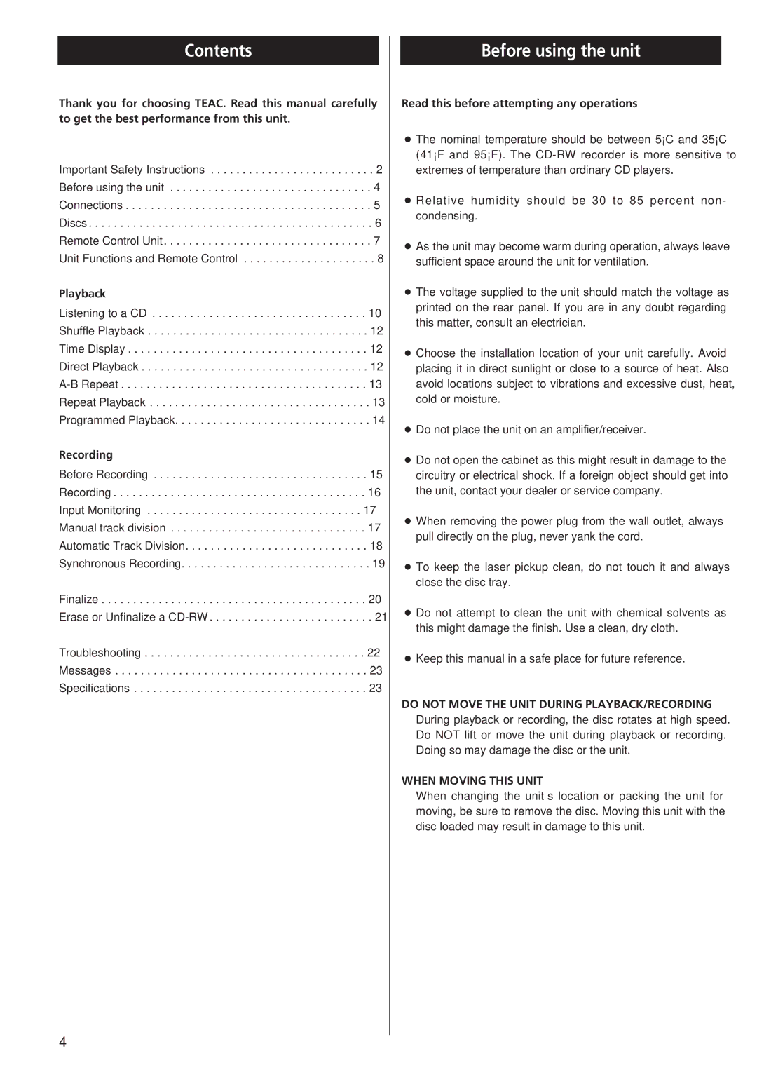 Sanyo CD-RW880 owner manual Contents, Before using the unit 