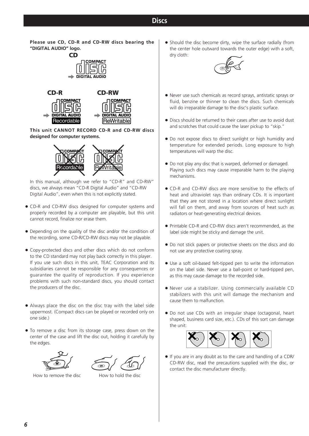 Sanyo CD-RW880 owner manual Discs, Cd-Rcd-Rw 