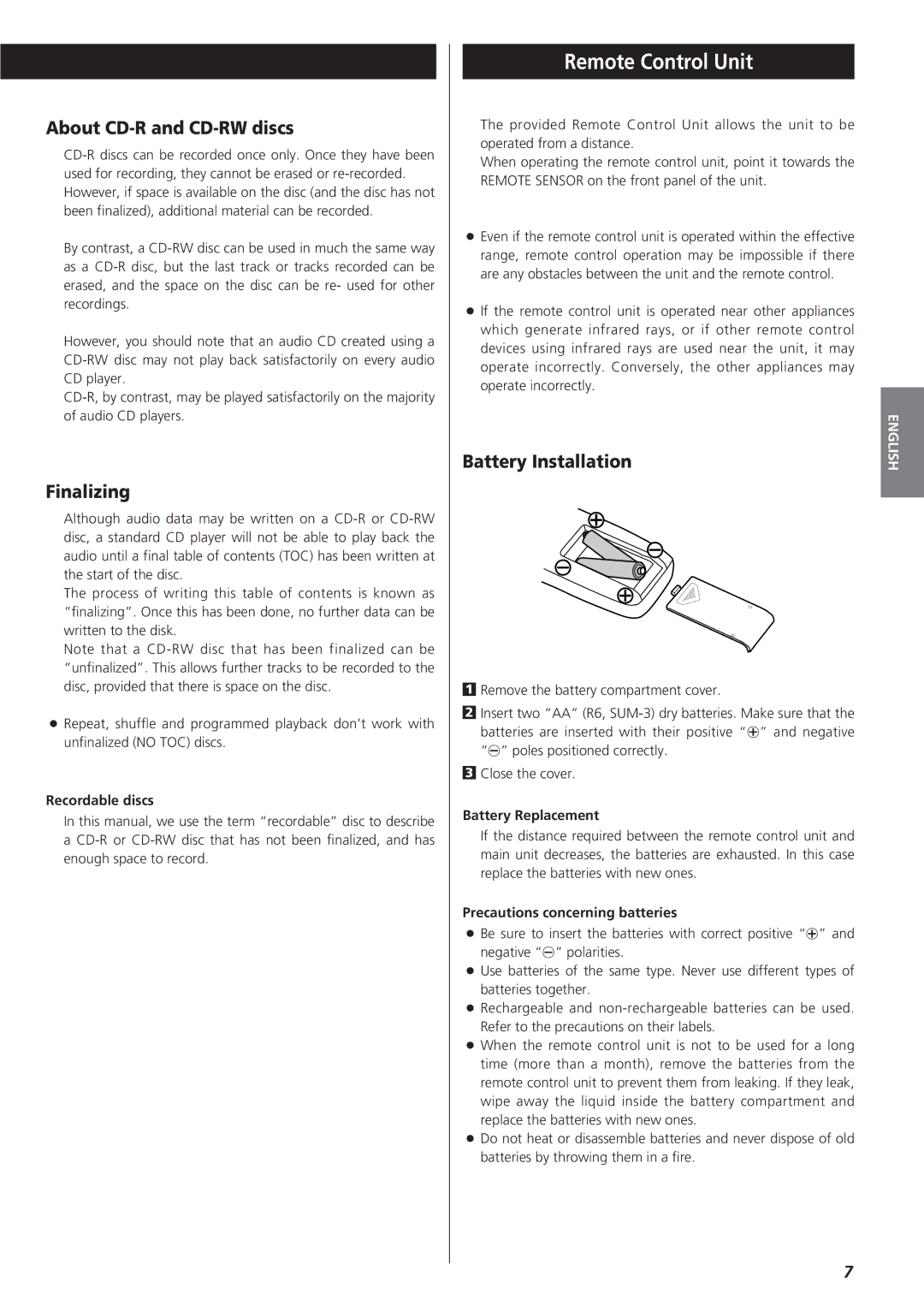 Sanyo CD-RW880 owner manual Remote Control Unit, About CD-R and CD-RW discs, Finalizing, Battery Installation 