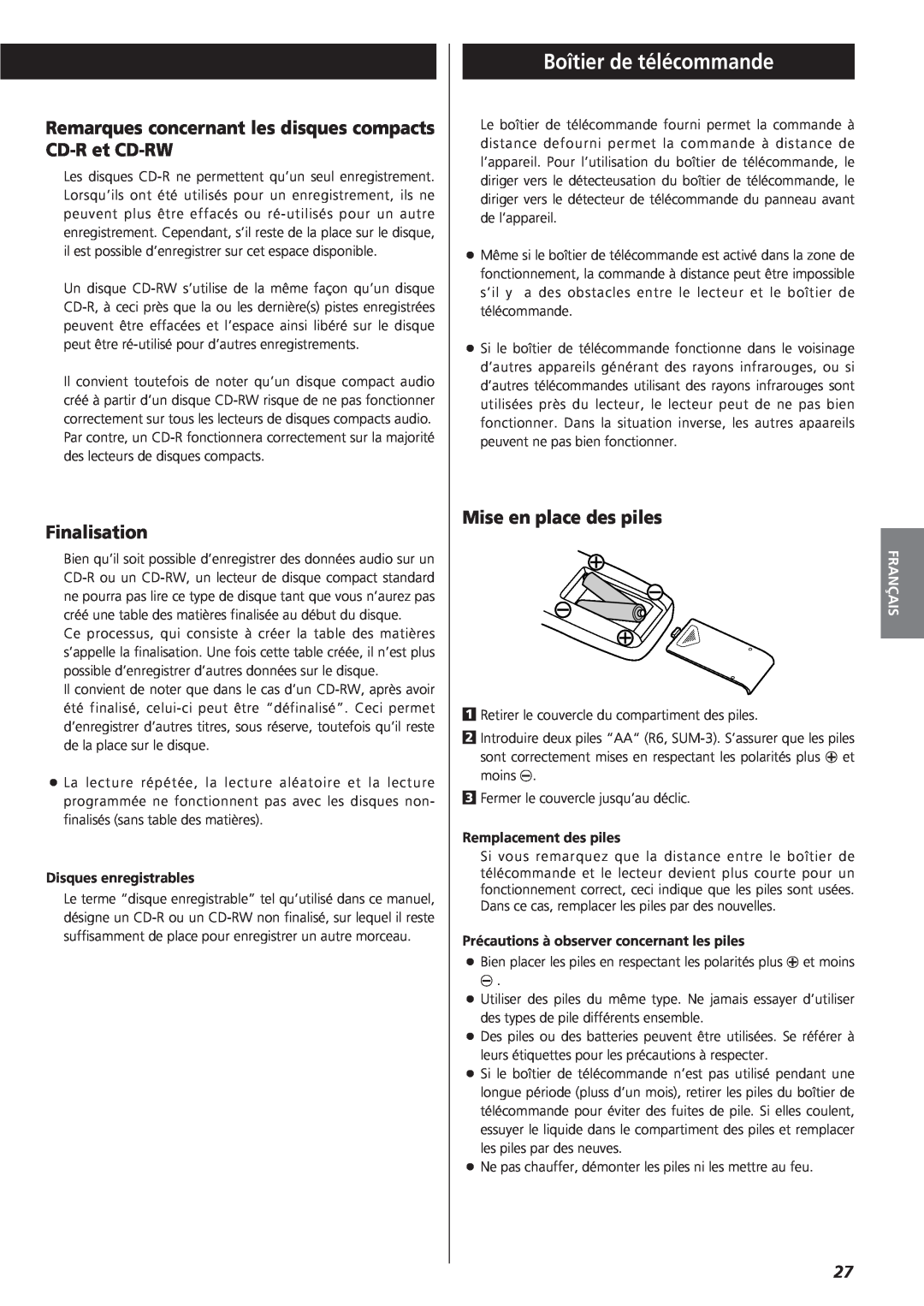 Sanyo CD-RW880 Boîtier de télécommande, Finalisation, Mise en place des piles, Disques enregistrables, Français 