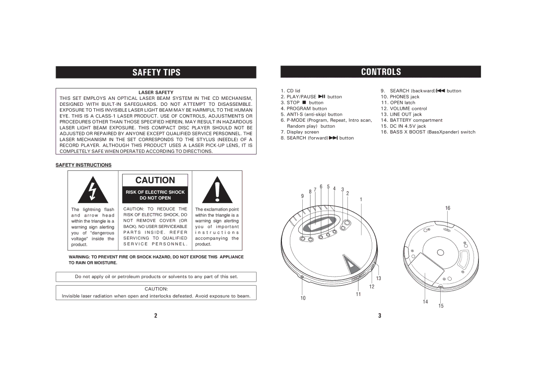 Sanyo CDP-244CRB instruction manual Controls, Laser Safety, Safety Instructions, Play/Pause, Stop 