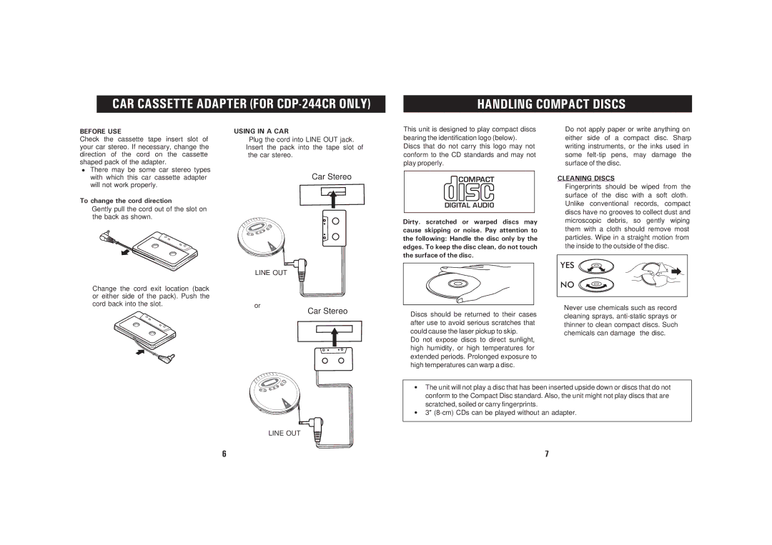 Sanyo CDP-244CRB instruction manual Before USE, To change the cord direction, Using in a CAR, Line OUT, Cleaning Discs 