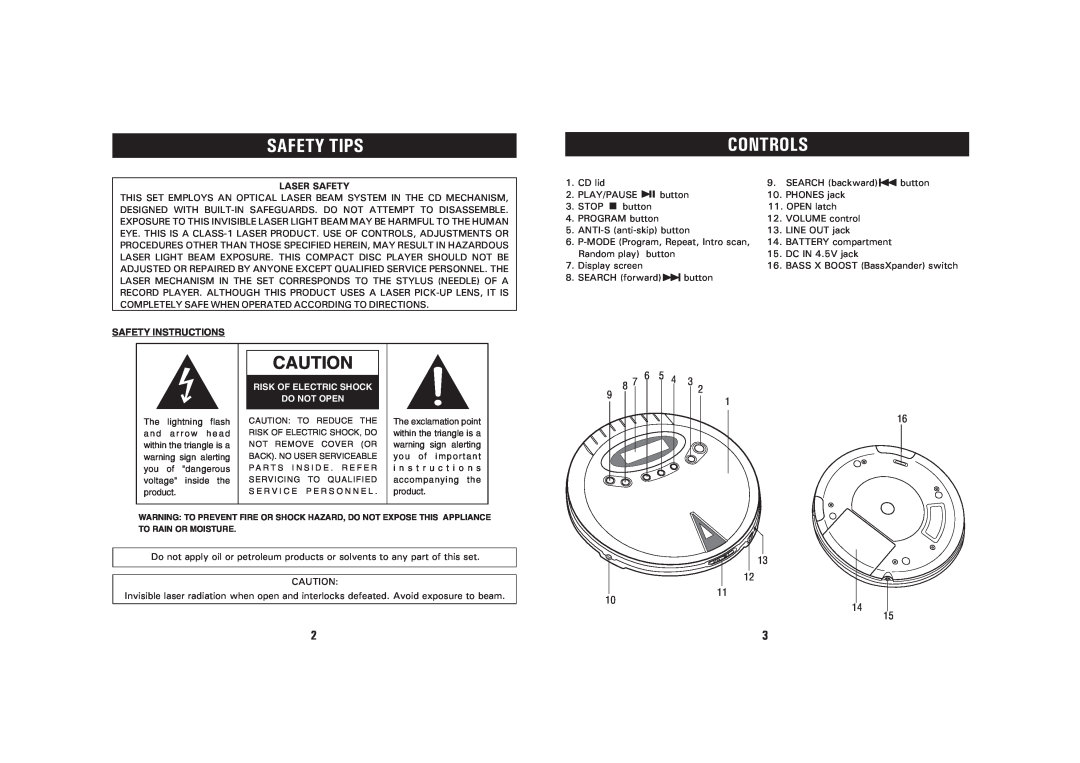 Sanyo CDP-244CRB instruction manual Controls, Laser Safety, Safety Instructions, Safety Tips 
