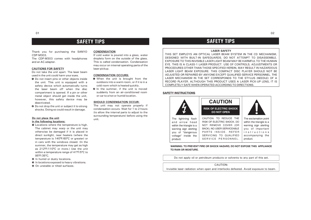 Sanyo CDP-M303 instruction manual Condensation Occurs, Laser Safety, Safety Instructions, Should Condensation Occur 