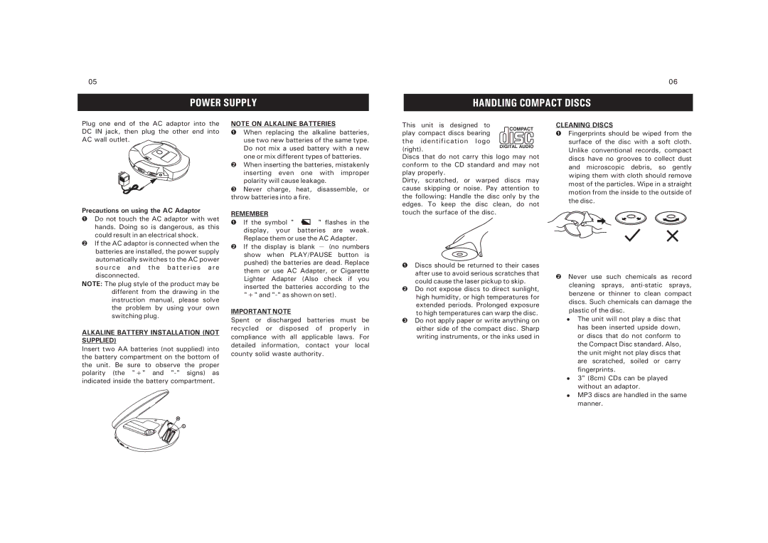 Sanyo CDP-M303 Power Supply Handling Compact Discs, Alkaline Battery Installation not Supplied, Remember, Important Note 