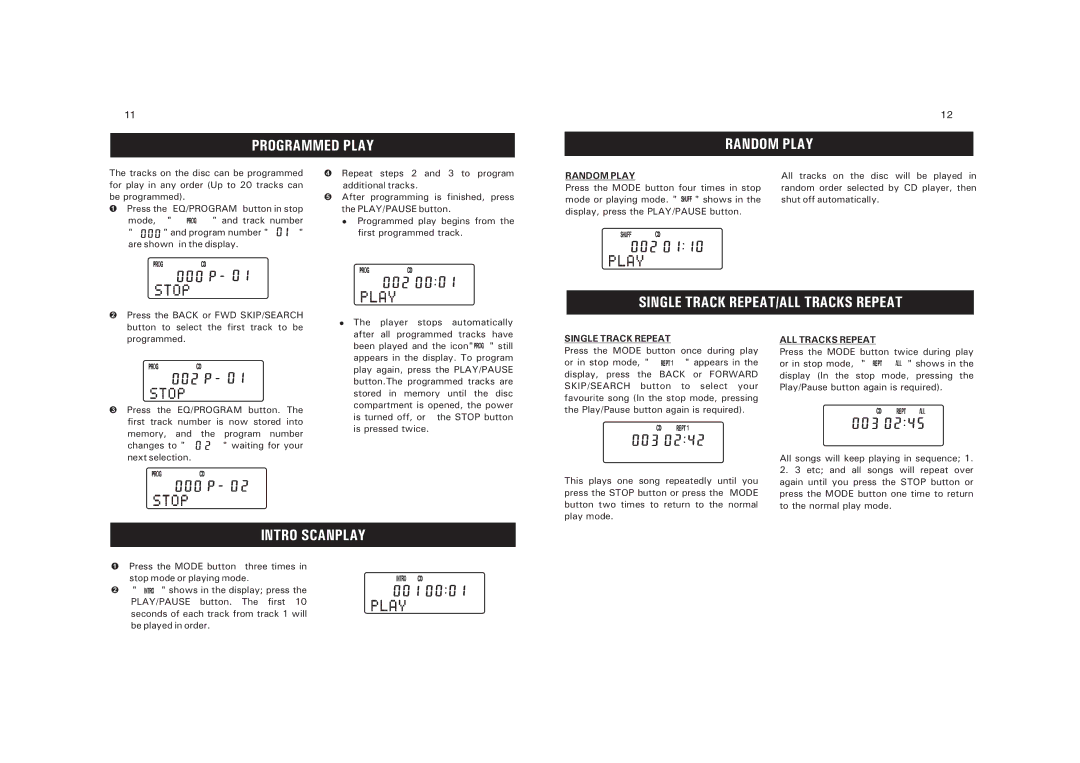 Sanyo CDP-M303 instruction manual Programmed Play, Single Track REPEAT/ALL Tracks Repeat, Intro Scanplay 