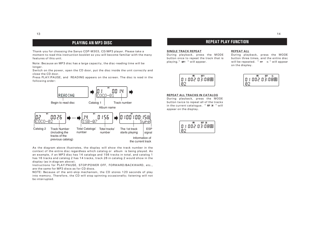 Sanyo CDP-M303 instruction manual Playing AN MP3 Disc Repeat Play Function, Esp, Repeat ALL Tracks in Catalog 