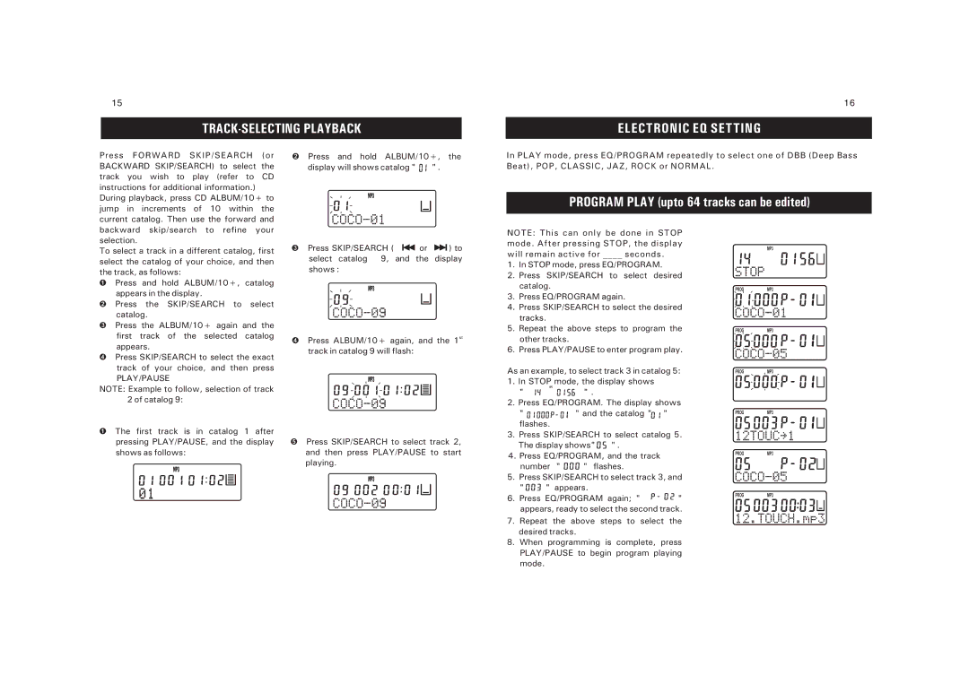 Sanyo CDP-M303 instruction manual TRACK-SELECTING Playback Electronic EQ Setting, Play/Pause 