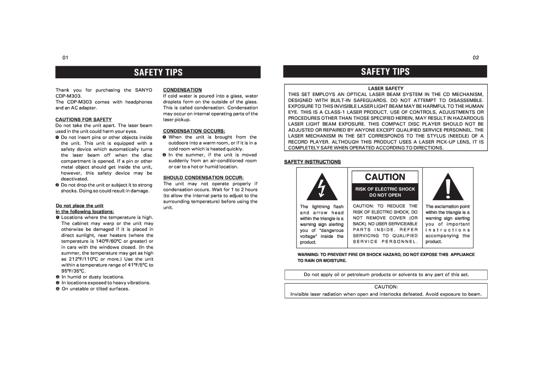 Sanyo CDP-M303 Cautions For Safety, Condensation Occurs, Laser Safety, Safety Instructions, Should Condensation Occur 