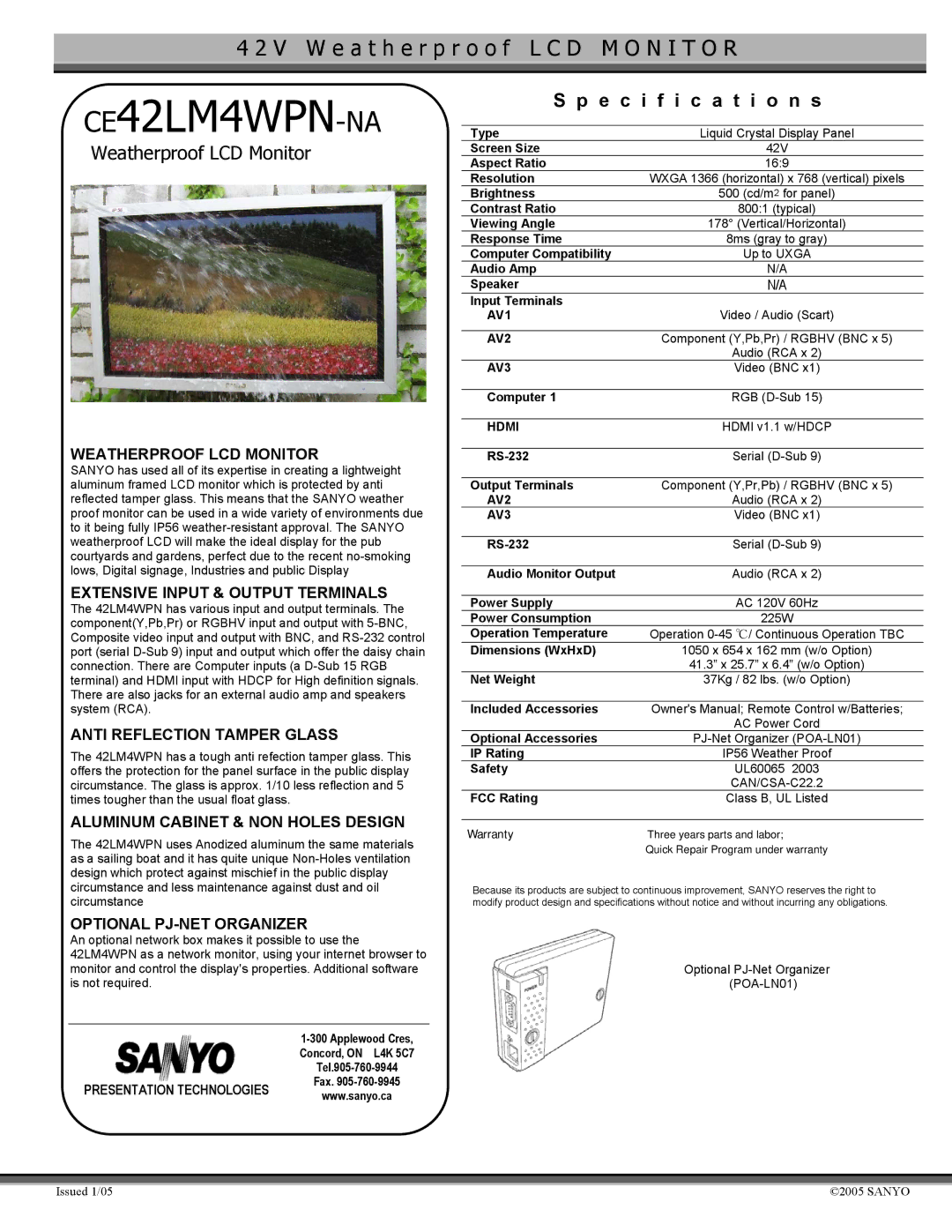 Sanyo CE 42LM4WPN-NA specifications CE42LM4WPN-NA, Weatherproof LCD Monitor, Specification s 