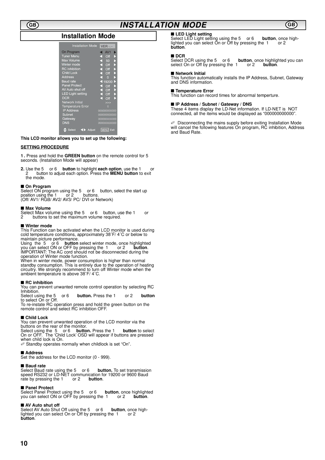 Sanyo CE-52LH1R instruction manual Installation Mode, Setting Procedure, Dcr 