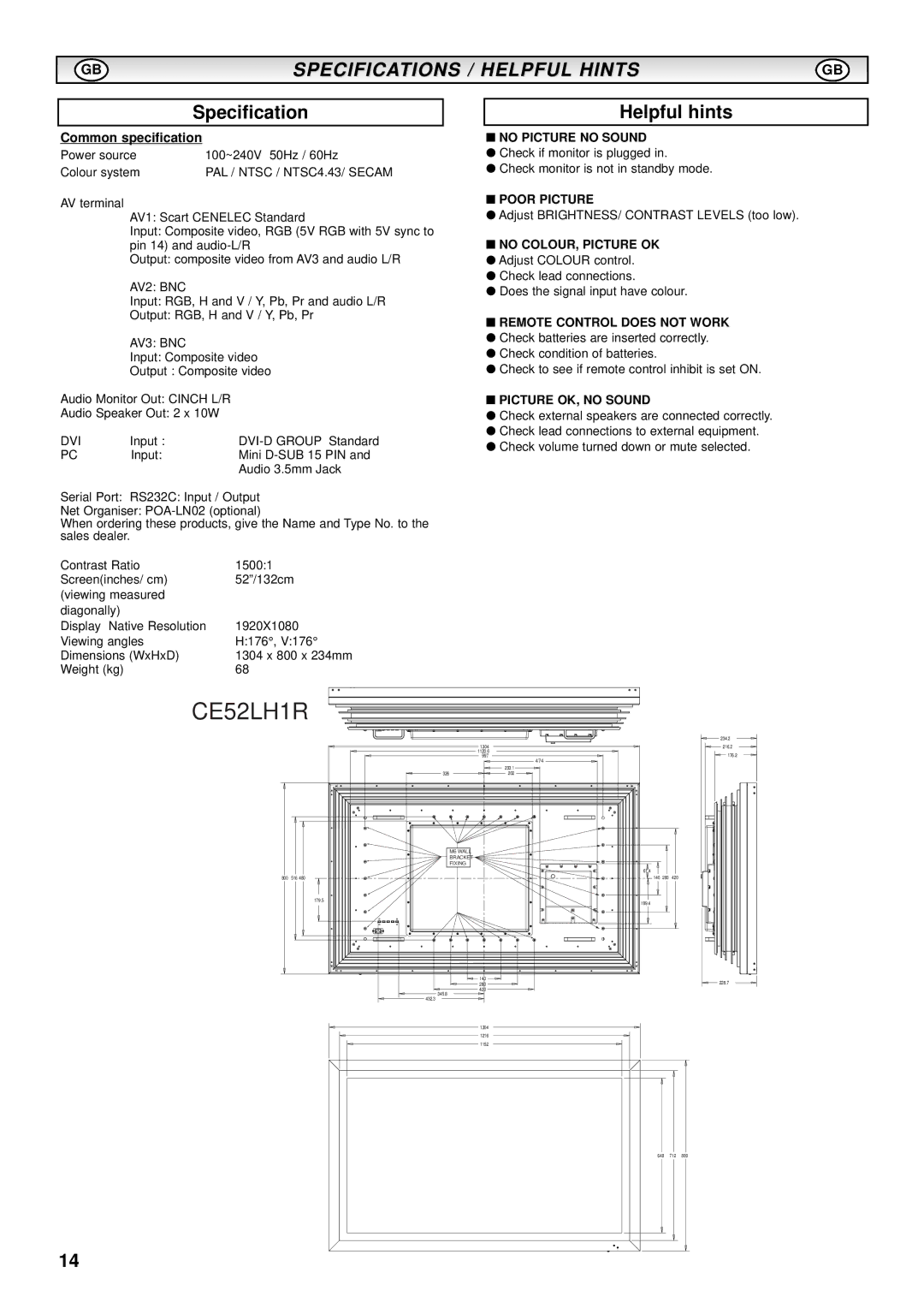 Sanyo CE-52LH1R instruction manual Specification Helpful hints 