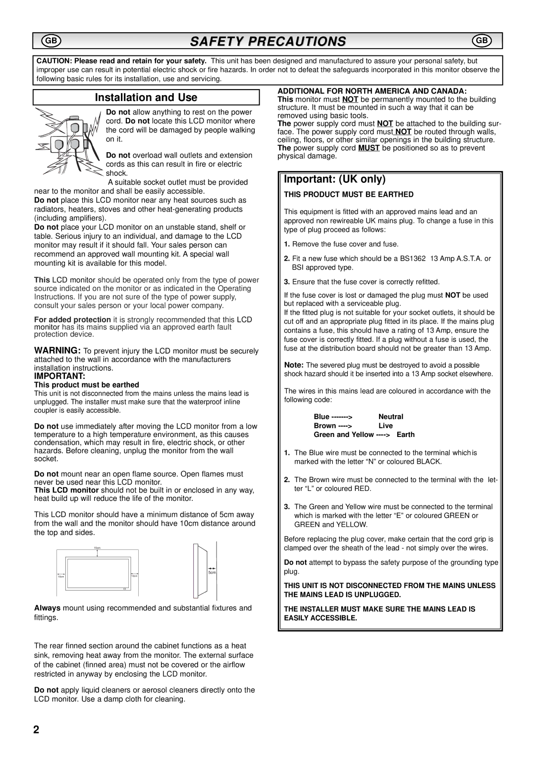 Sanyo CE-52LH1R Safety Precautions, Installation and Use, Important UK only, Additional for North America and Canada 