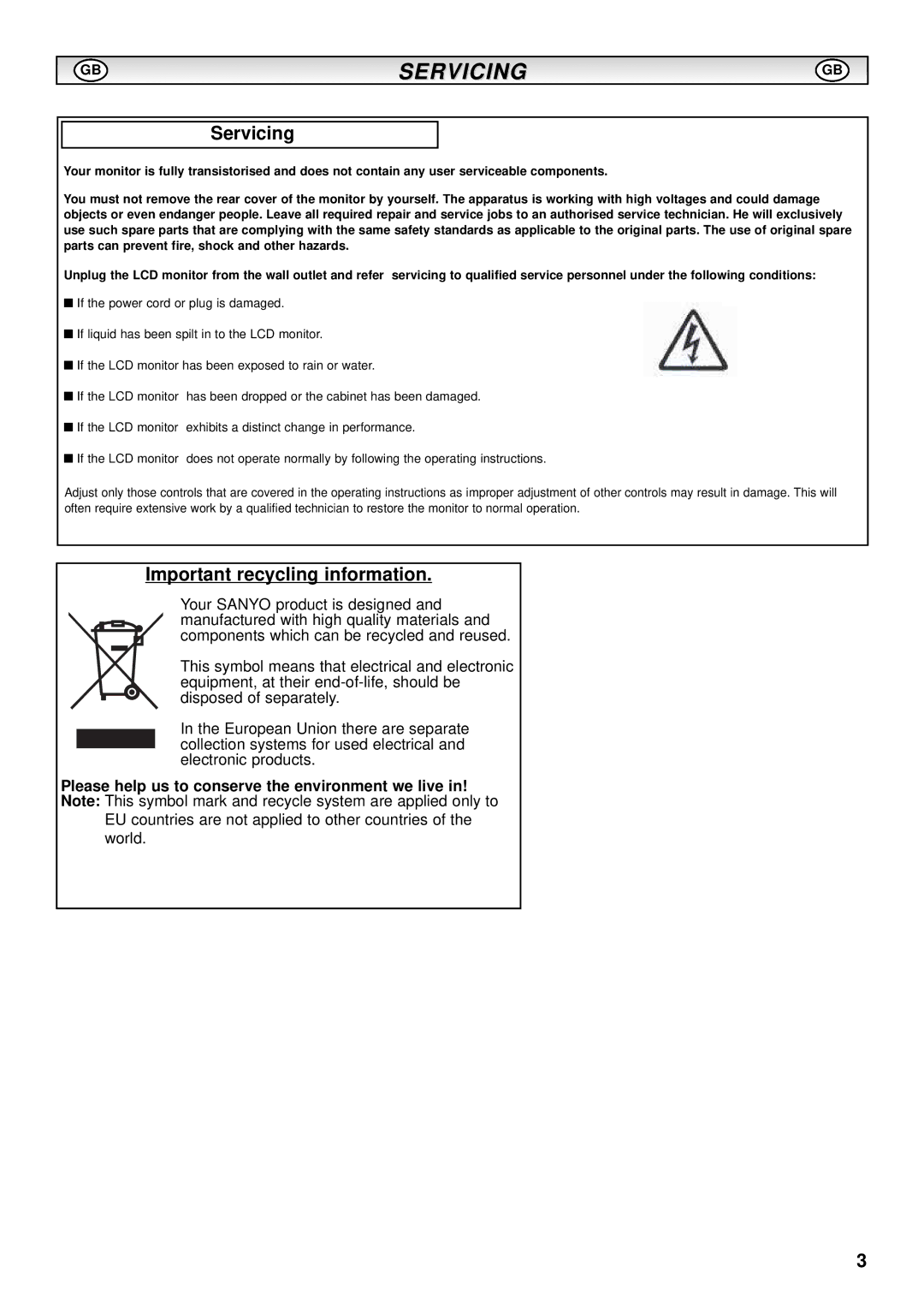 Sanyo CE-52LH1R instruction manual Servicing, Important recycling information 