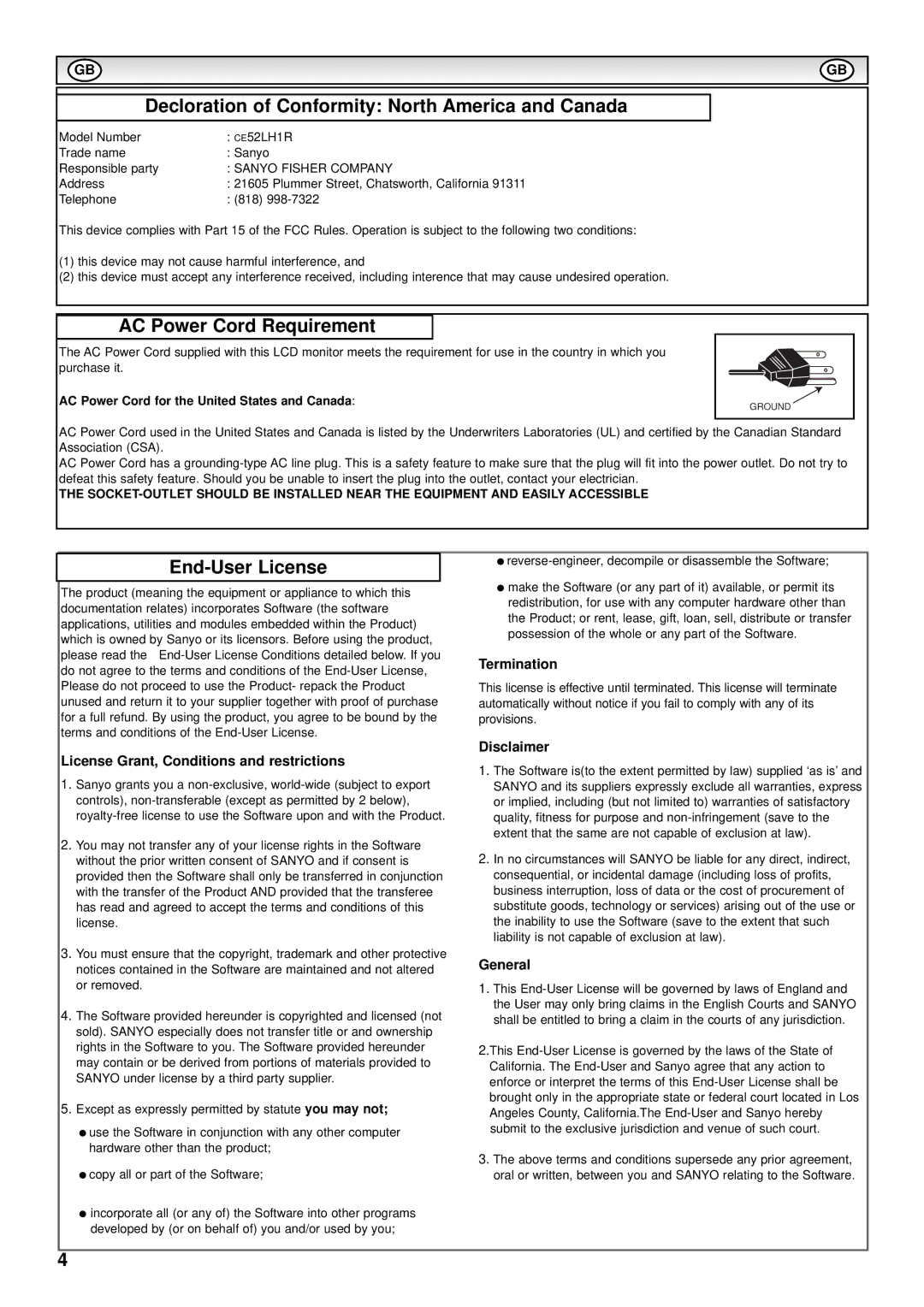 Sanyo CE-52LH1R Decloration of Conformity North America and Canada, AC Power Cord Requirement, End-User License 