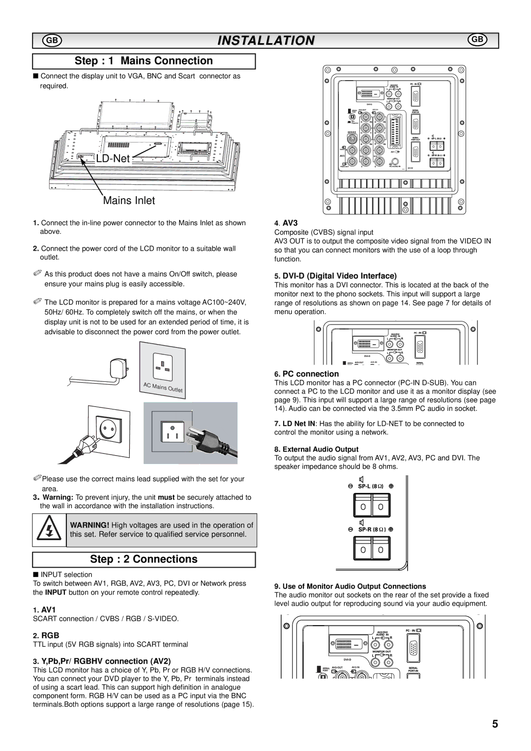 Sanyo CE-52LH1R instruction manual Installation, Mains Connection, Connections 