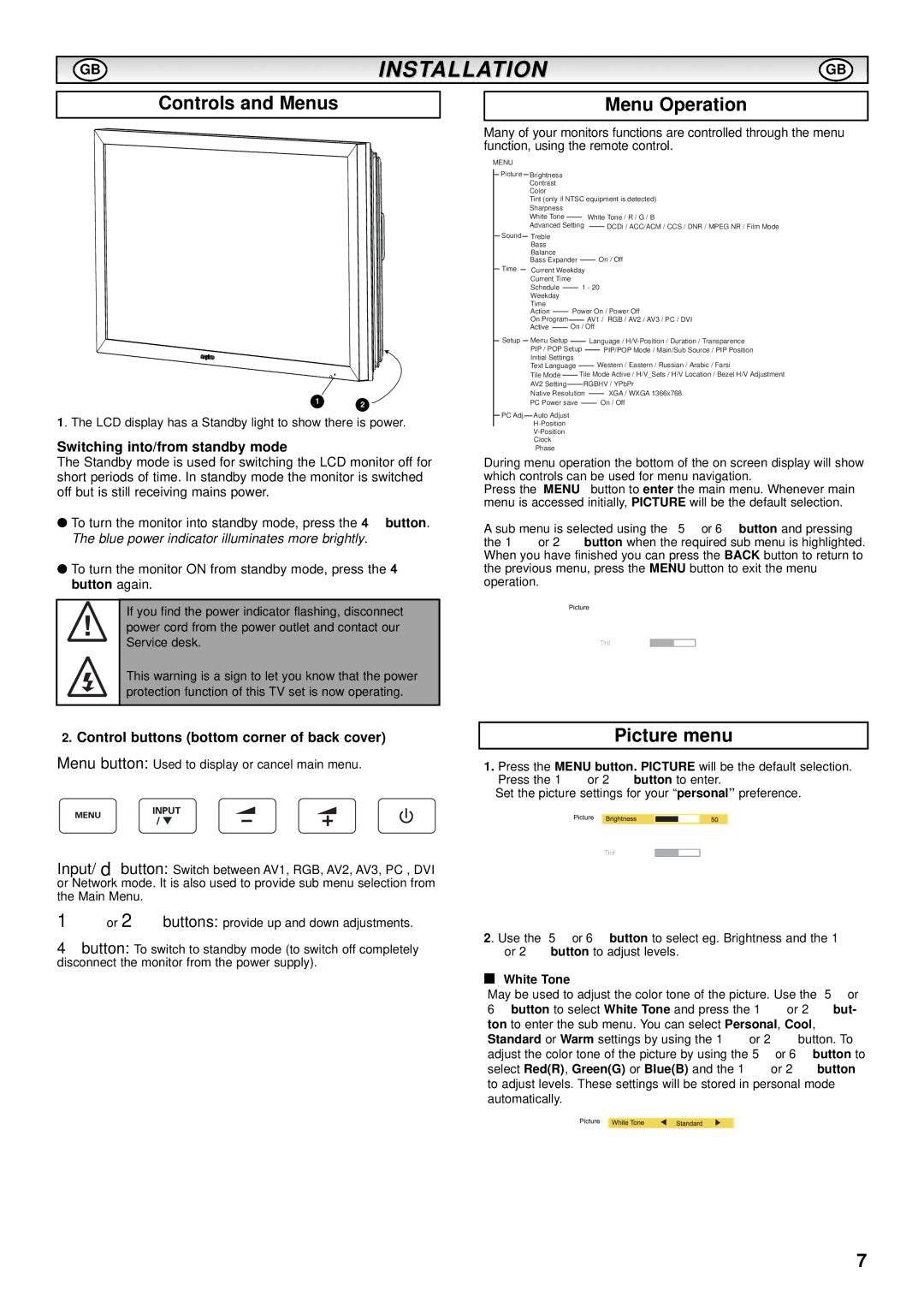 Sanyo CE-52LH1R instruction manual Controls and Menus, Menu Operation, Picture menu, Switching into/from standby mode 