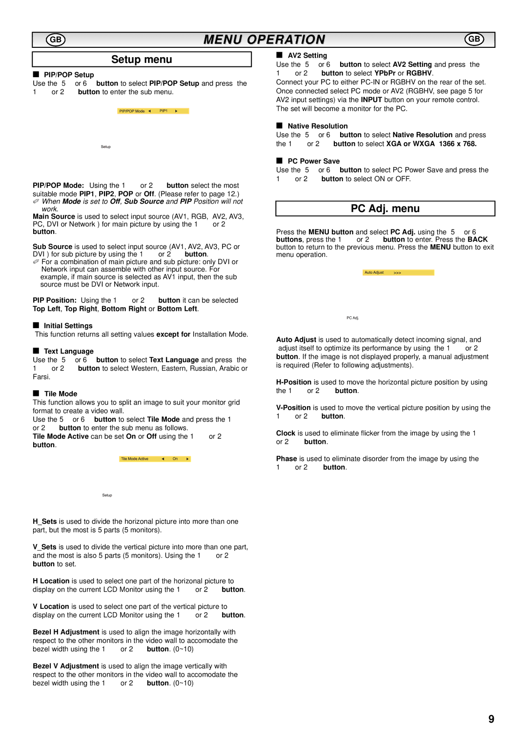 Sanyo CE-52LH1R instruction manual PC Adj. menu 