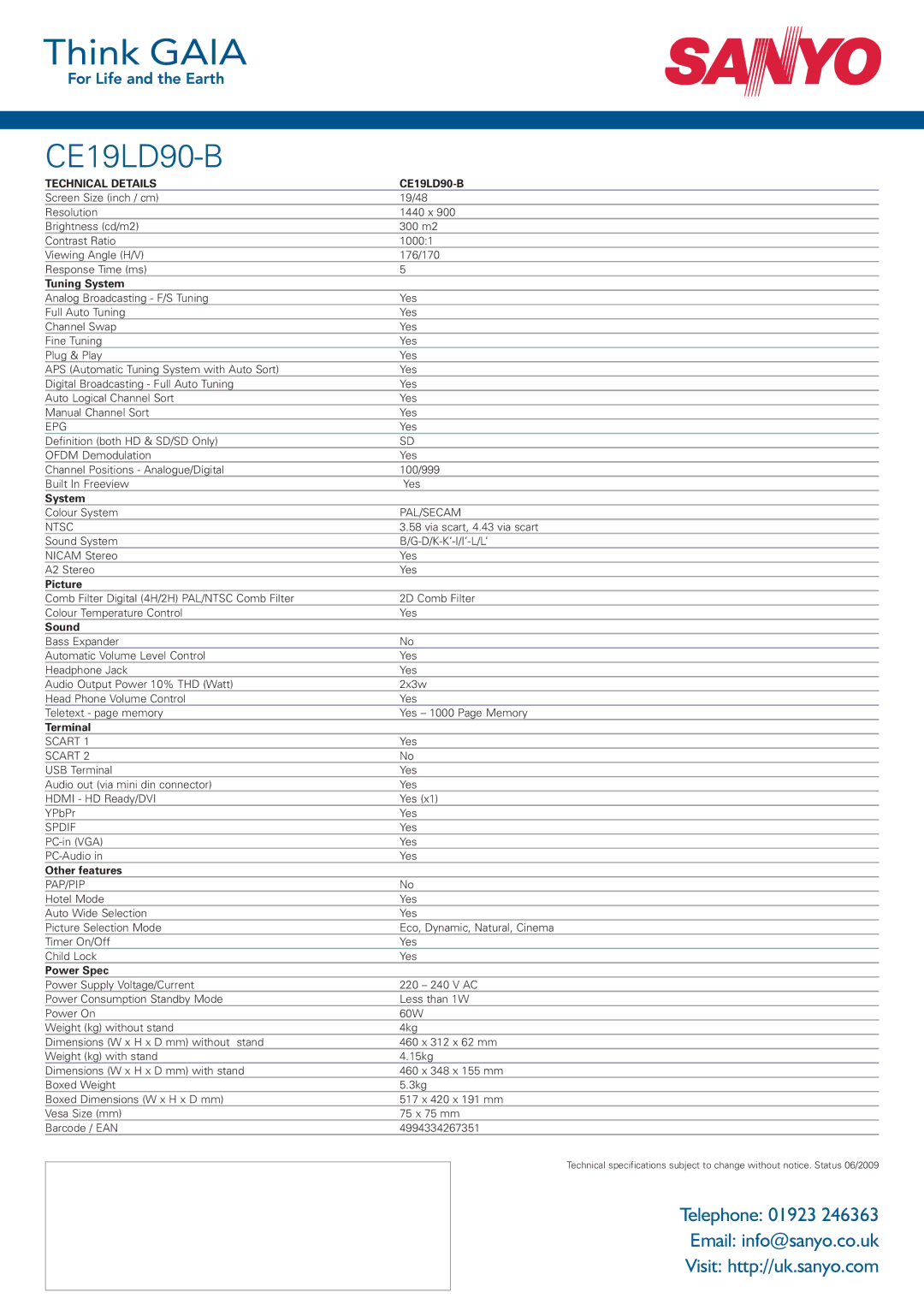 Sanyo CE19LD90-B manual Tuning System, Picture, Sound, Terminal, Other features, Power Spec 