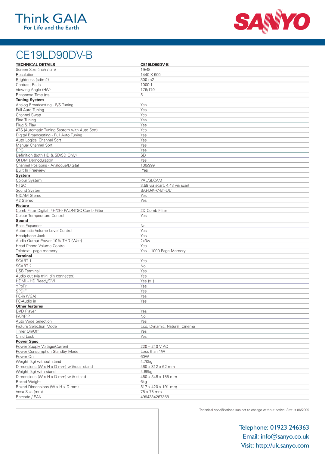 Sanyo CE19LD90DV-B manual Tuning System, Picture, Sound, Terminal, Other features, Power Spec 