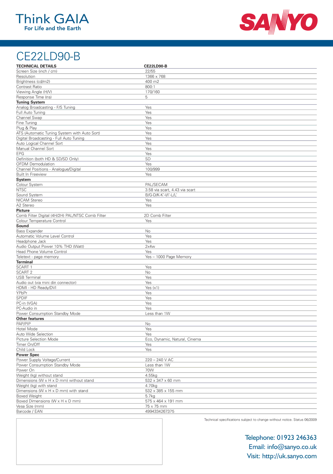 Sanyo CE22LD90-B manual Tuning System, Picture, Sound, Terminal, Other features, Power Spec 