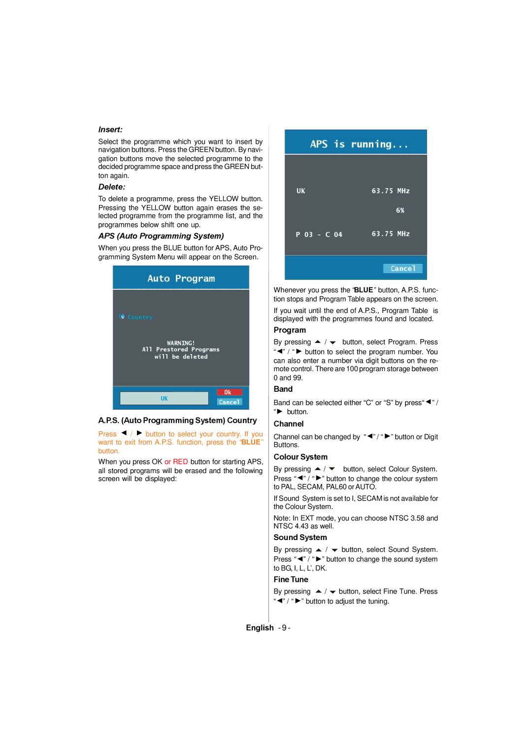 Sanyo CE26LC81-B instruction manual Insert, Delete, APS Auto Programming System 