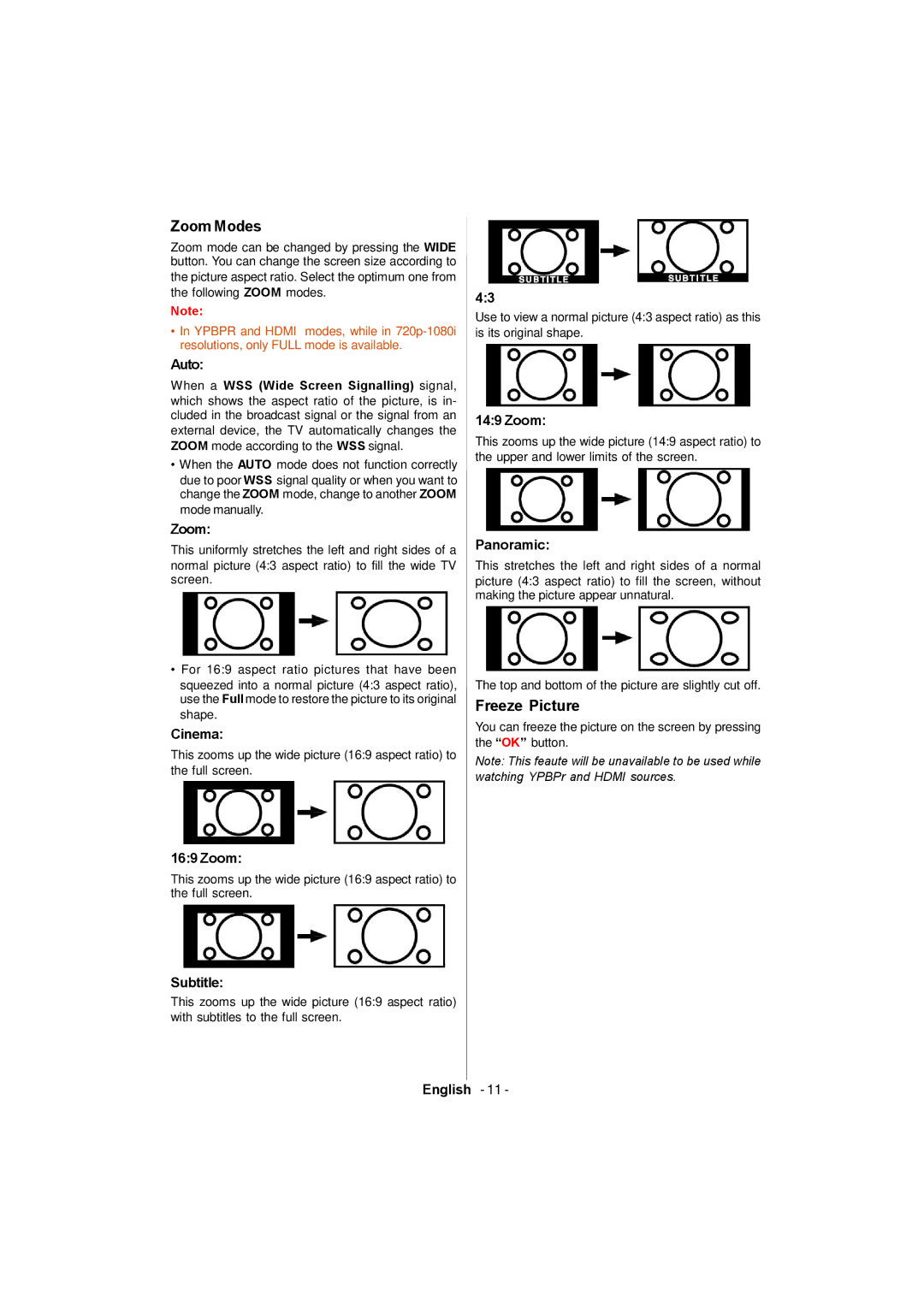 Sanyo CE26LC81-B instruction manual Zoom Modes, Freeze Picture 