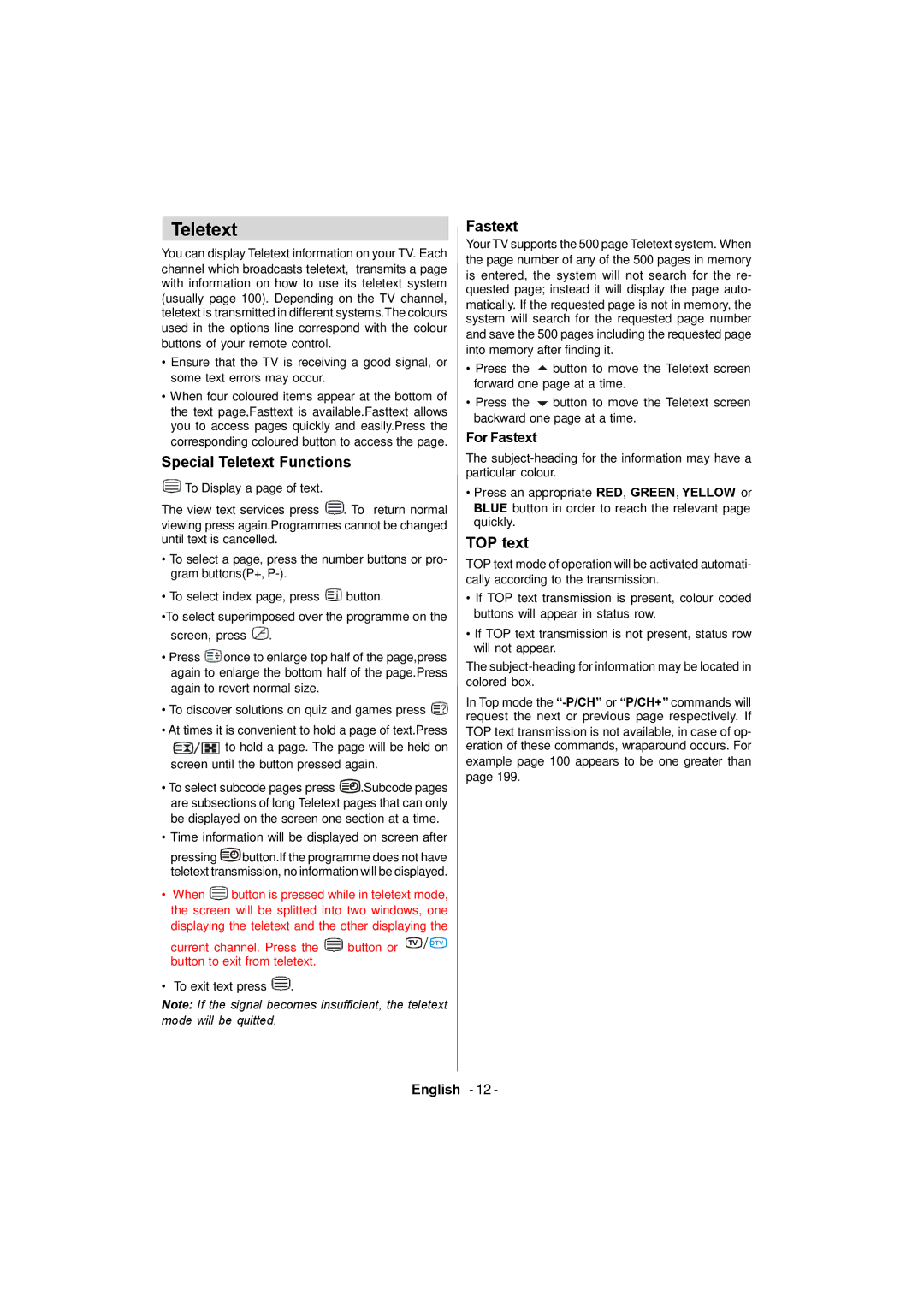 Sanyo CE26LC81-B instruction manual Special Teletext Functions, TOP text, For Fastext 